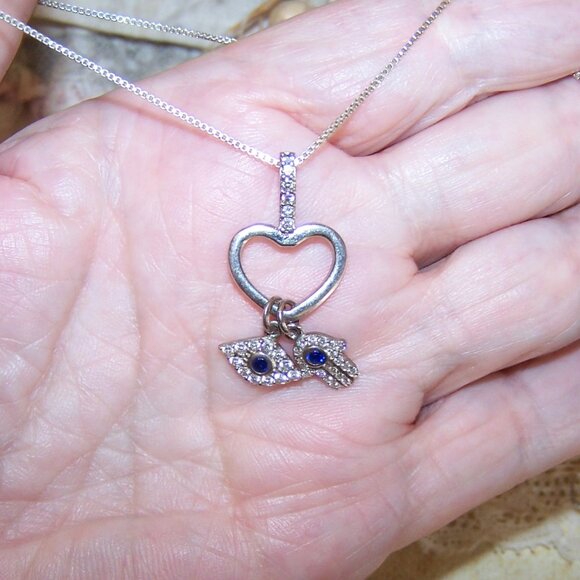Sterling Silver Cubic Zirconia Heart Pendant with Evil Eye and Hamsa Charms - Picture 6 of 7